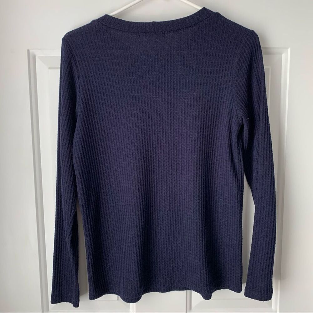Riah Fashion Navy Blue Waffle Knit Long Sleeve Top - Picture 2 of 4